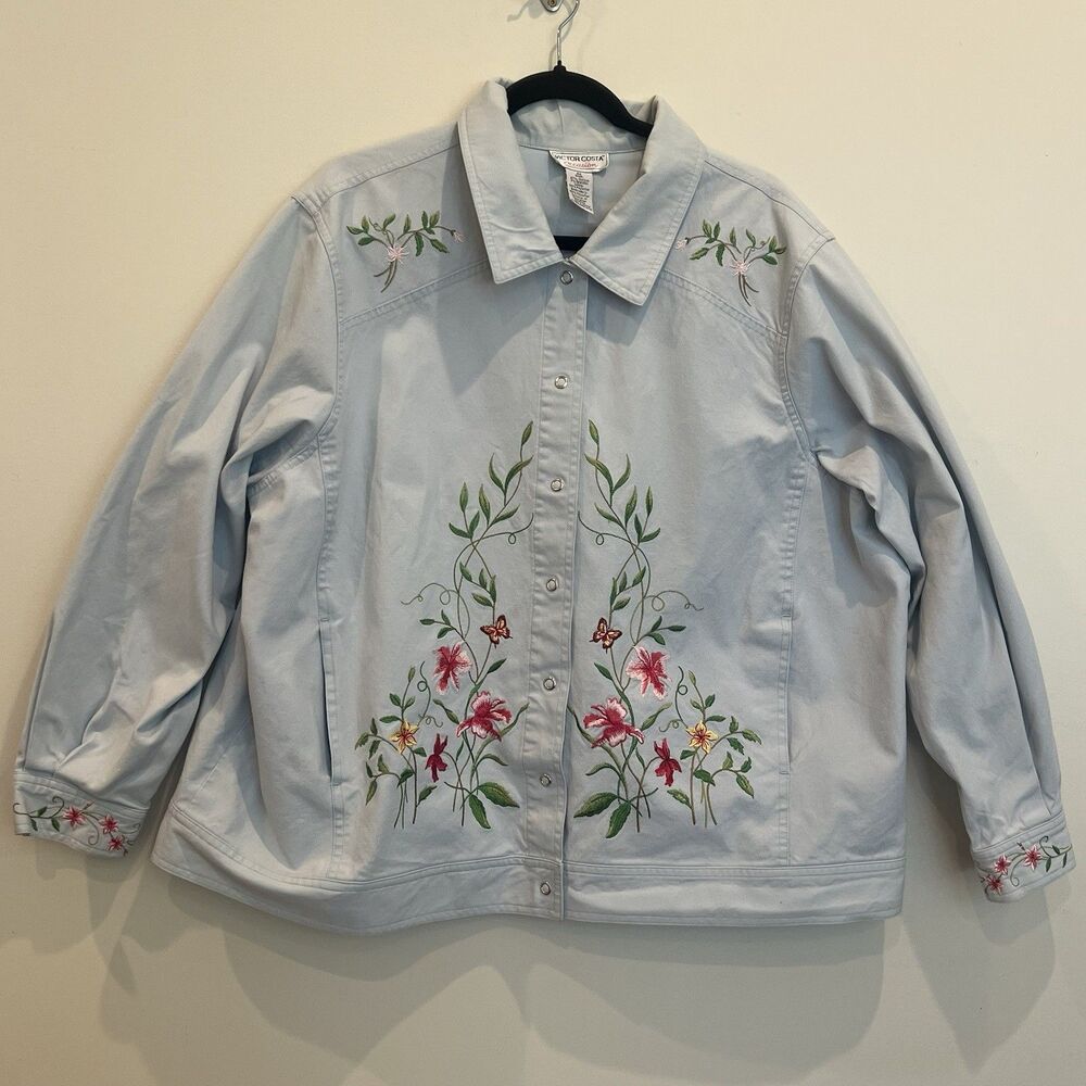 Victor Costa Special Occasion Floral Embroaidered Jacket Blue Snap Women 2XL